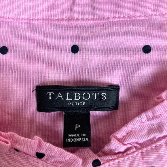 Talbots Womens Blouse Pink Black Polka Dot Ruffle Neck Long Sleeve Petite - Picture 6 of 12